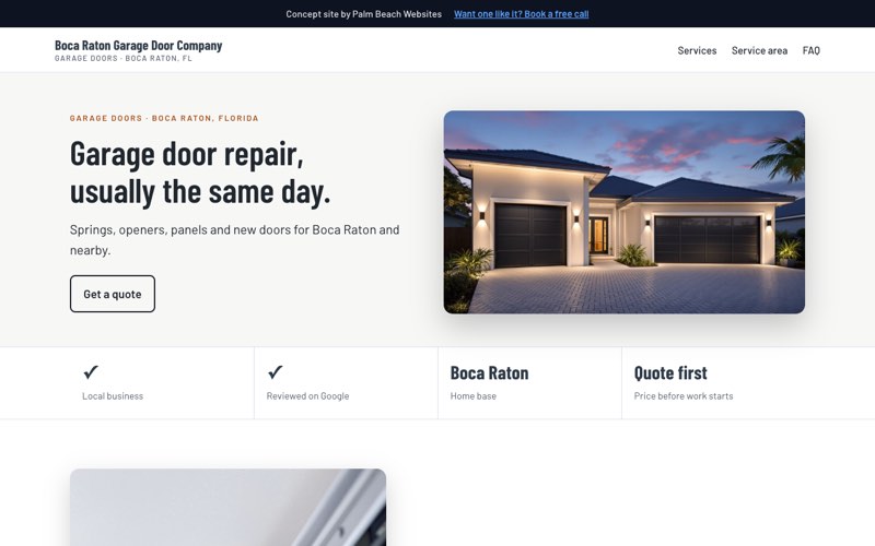 Garage Door Company website concept for Boca Raton